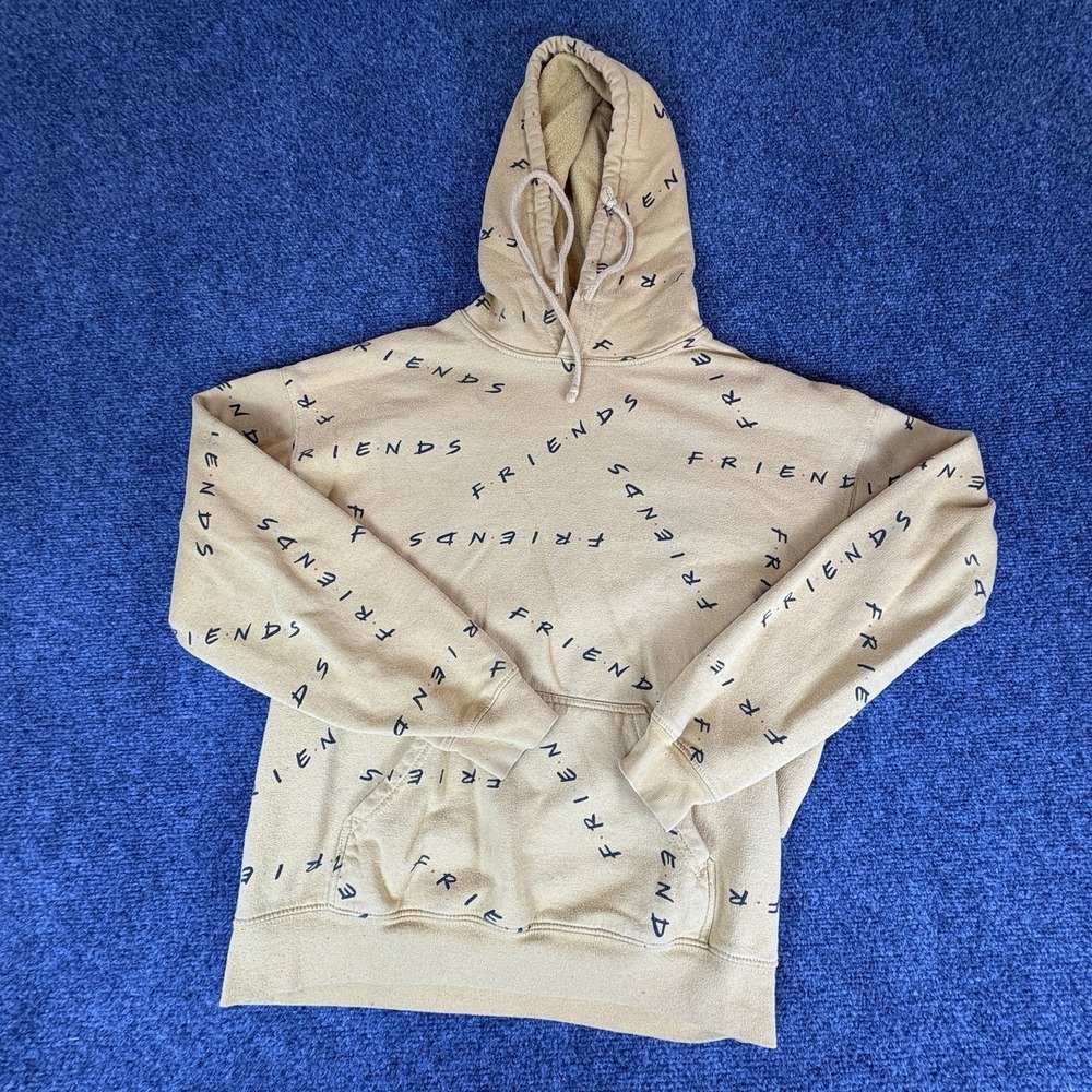 Friends Hoodie Women M Mustard Yellow All Over Print Drawstring Pockets Pullover